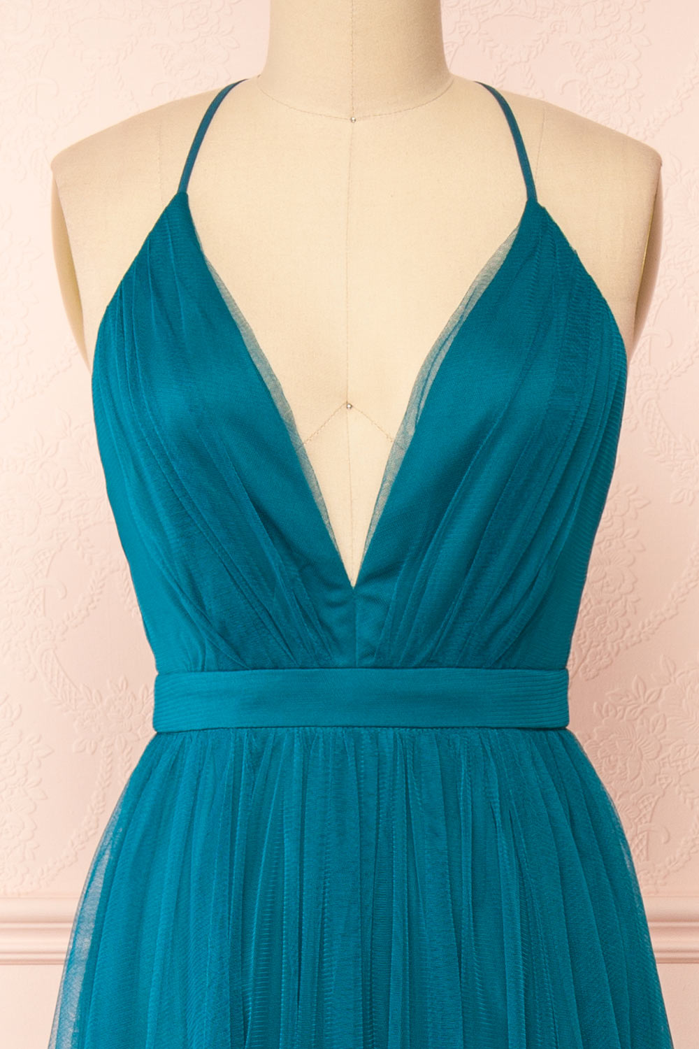 Ilaria Teal Tulle Gown with Plunging Neckline | Boutique 1861 front close-up