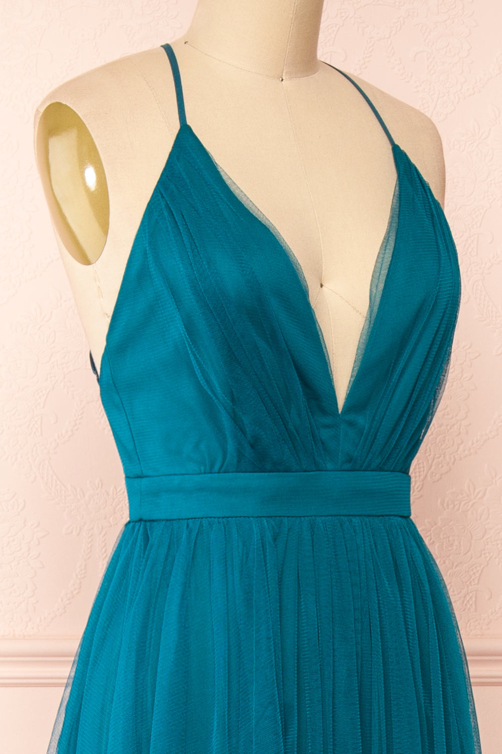 Ilaria Teal Tulle Gown with Plunging Neckline | Boutique 1861 side close-up