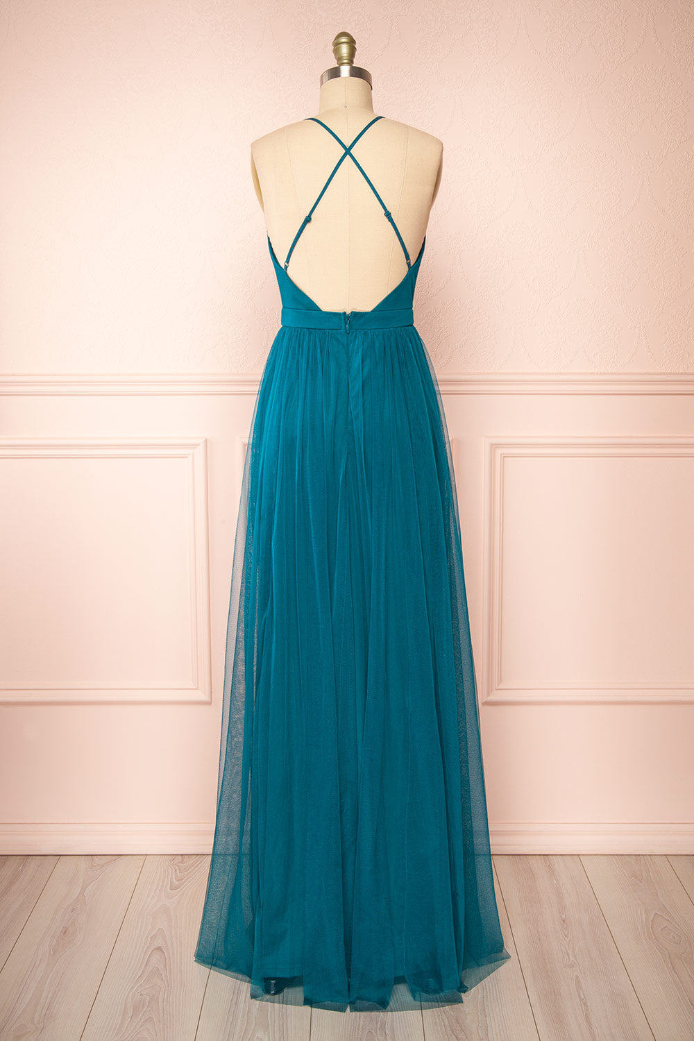 Ilaria Teal Tulle Gown with Plunging Neckline | Boutique 1861 back view