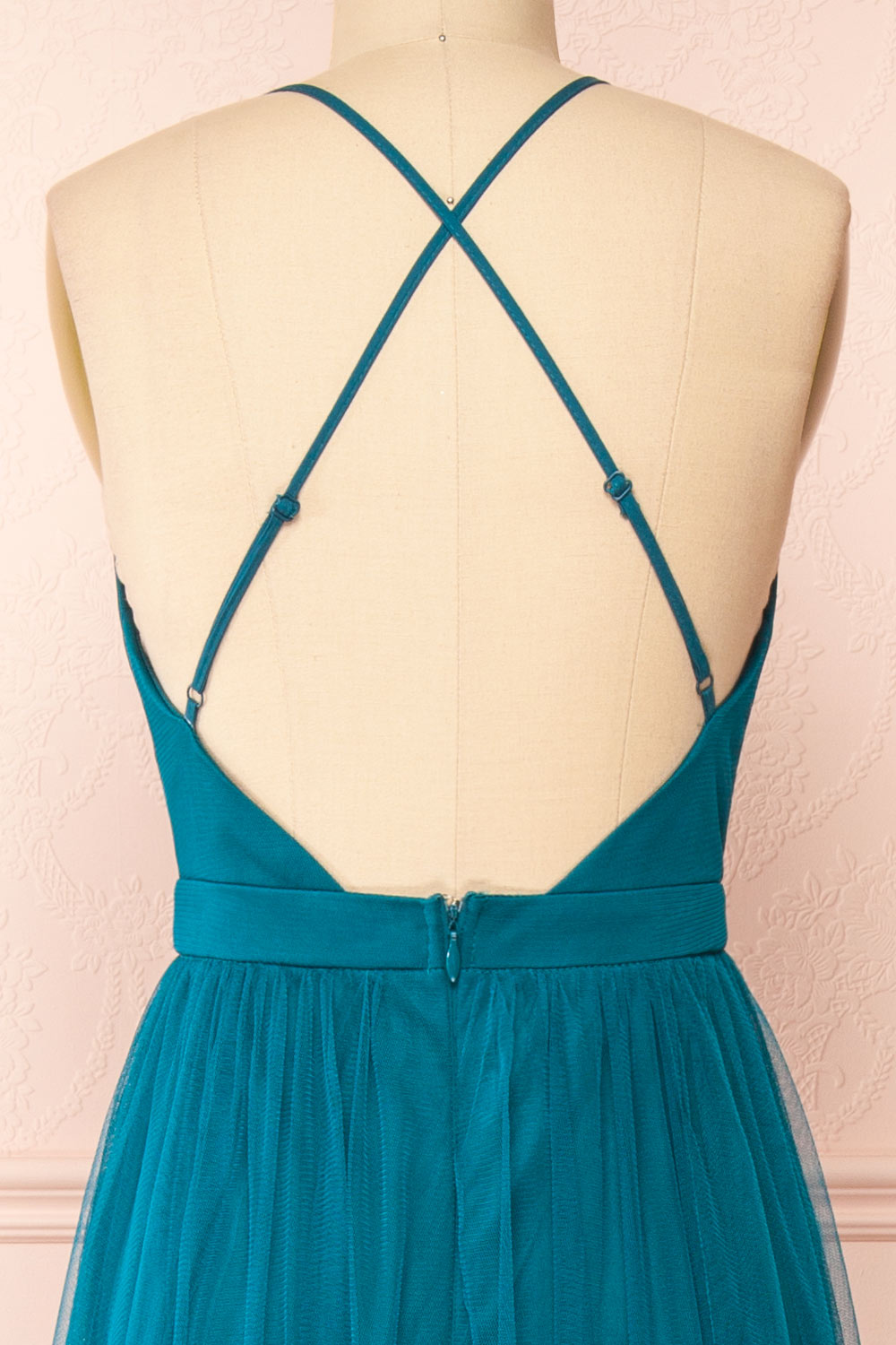 Ilaria Teal Tulle Gown with Plunging Neckline | Boutique 1861 back close-up