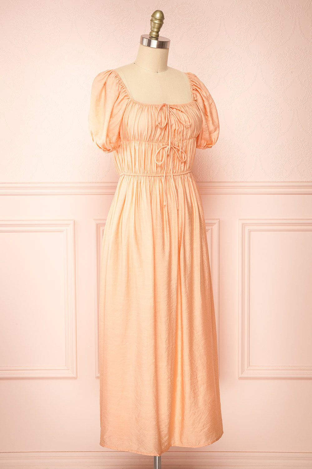 Imna Peach A-Line Midi Dress w/ Puffy Sleeves | Boutique 1861 side close-up