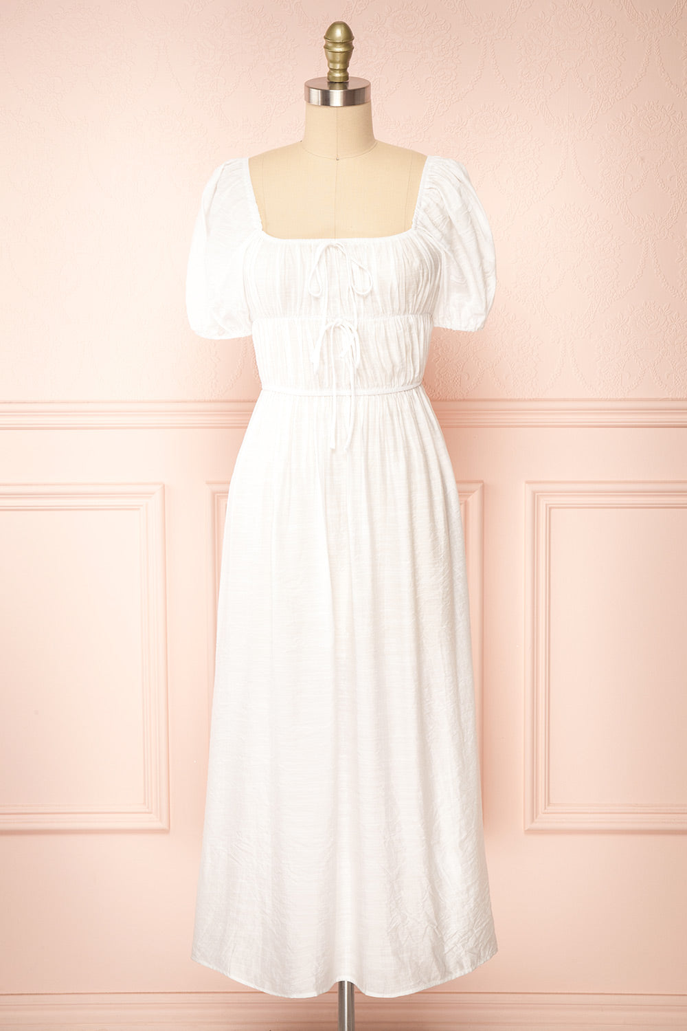 Imna White A-Line Midi Dress w/ Puffy Sleeves | Boutique 1861 front view