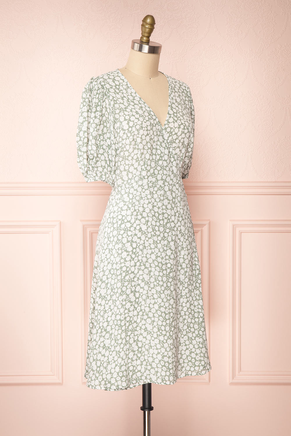 Indra Light Green Floral A-Line Wrap Dress | Boutique 1861 side view