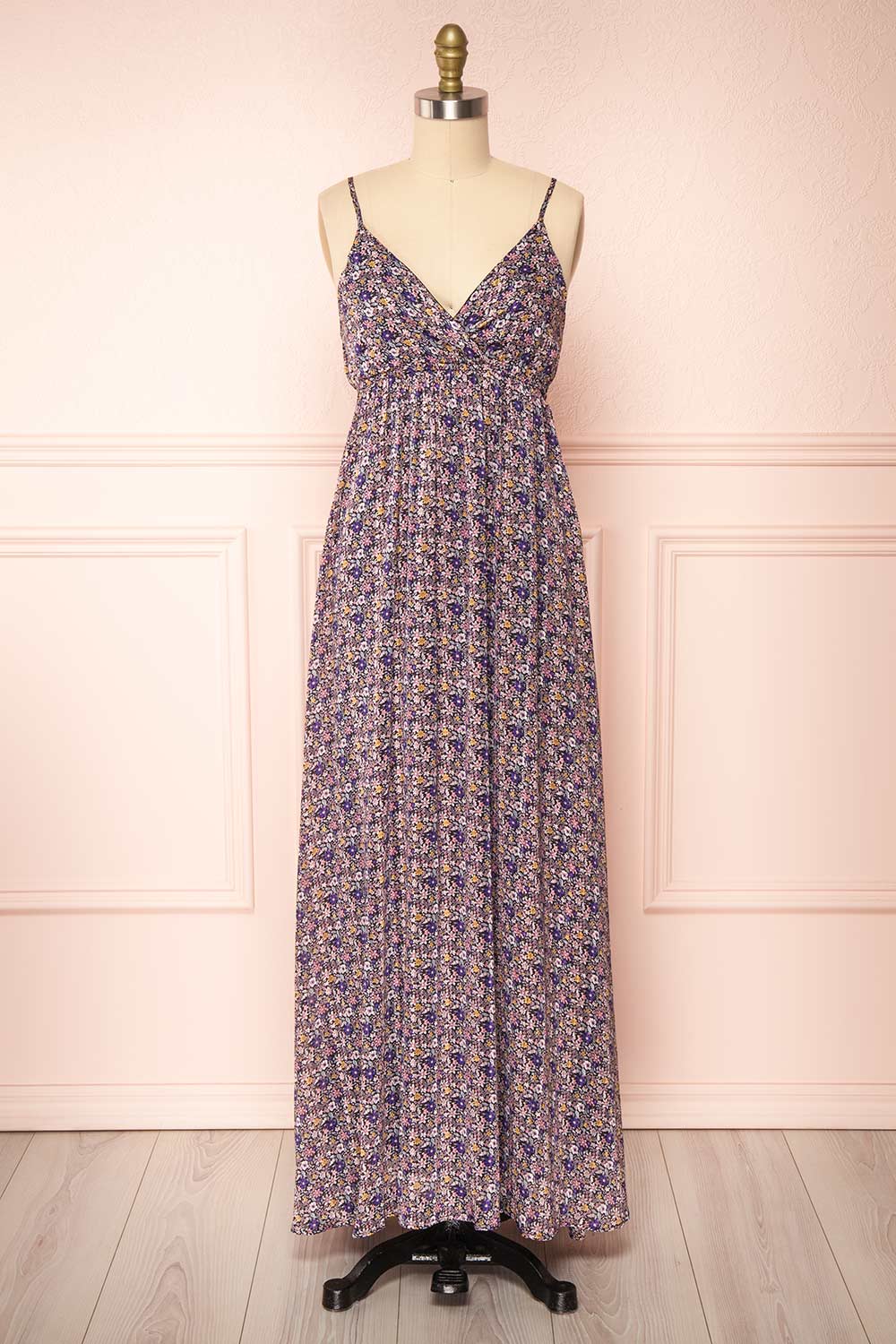 Ingifinna Black Floral Wrap Neck Maxi Dress | Boutique 1861 front view