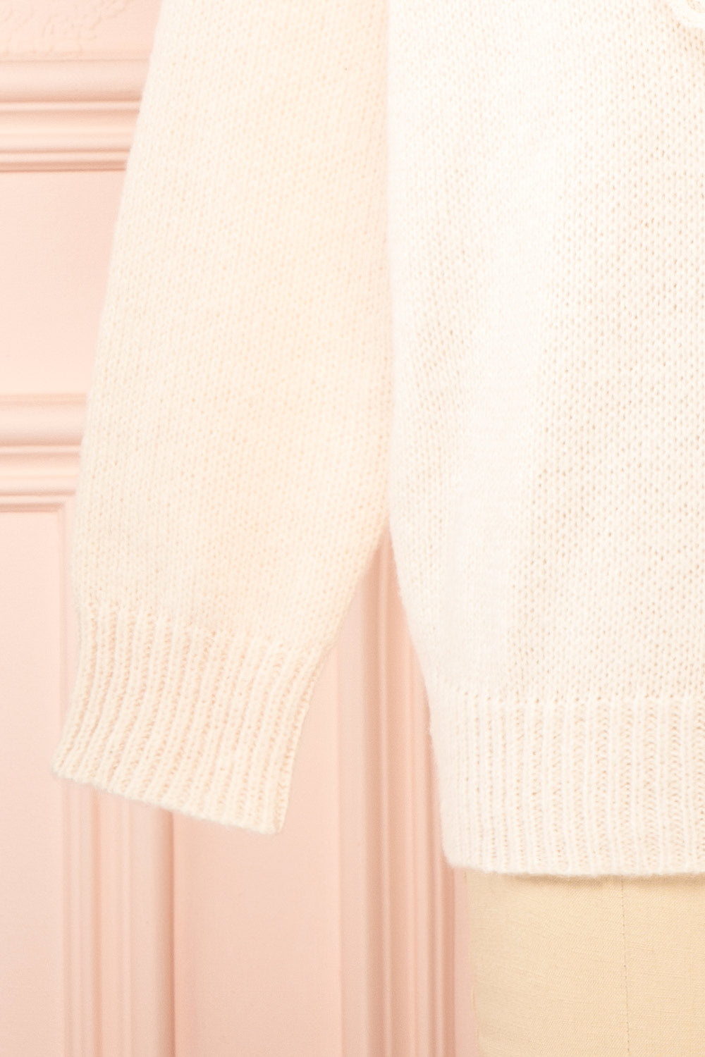 Ingrid Beige Knit Sweater w/ Ruffled Lace| Boutique 1861 sleeve