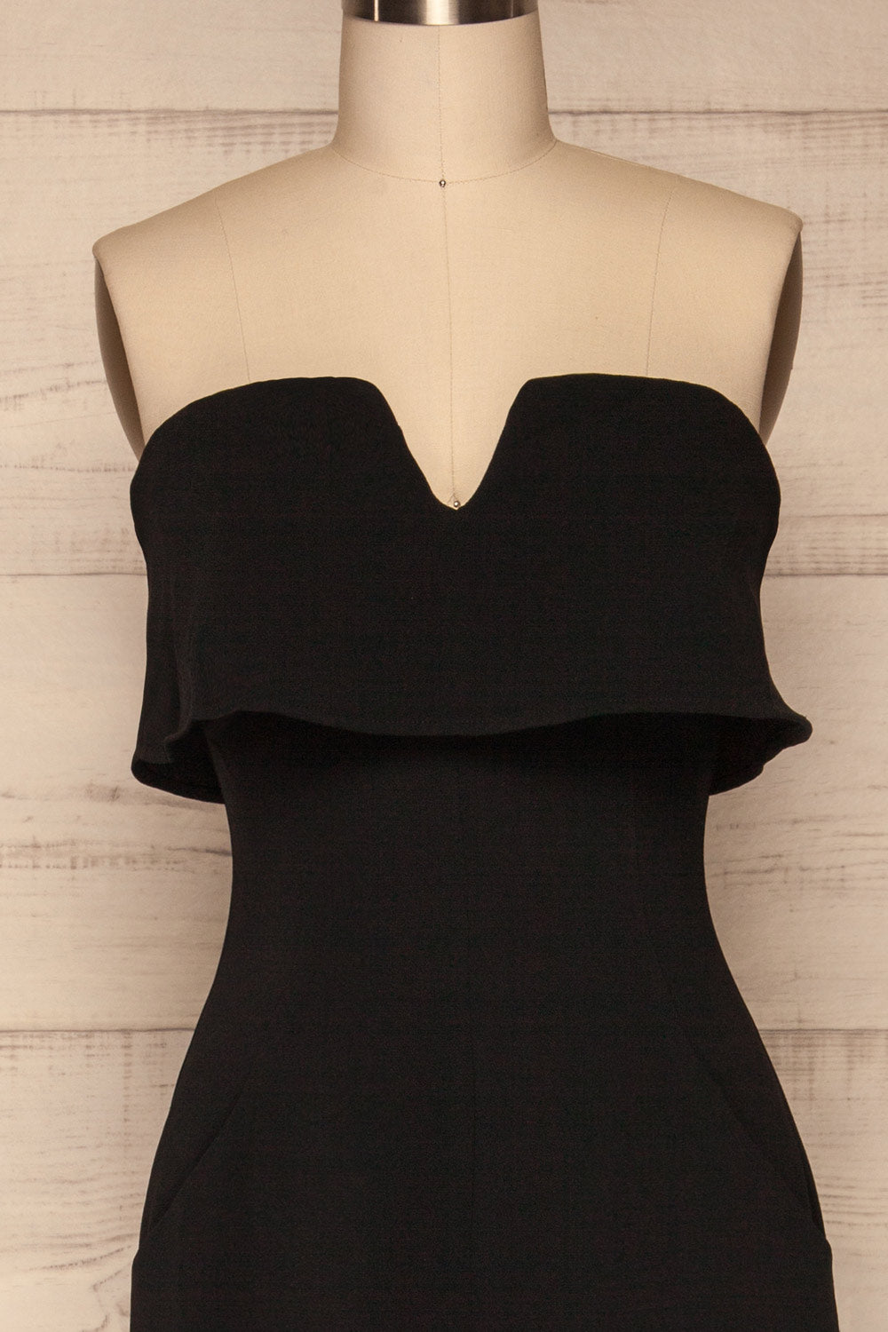 Inoke Black Ruffled Bustier Jumpsuit front close up | La Petite Garçonne