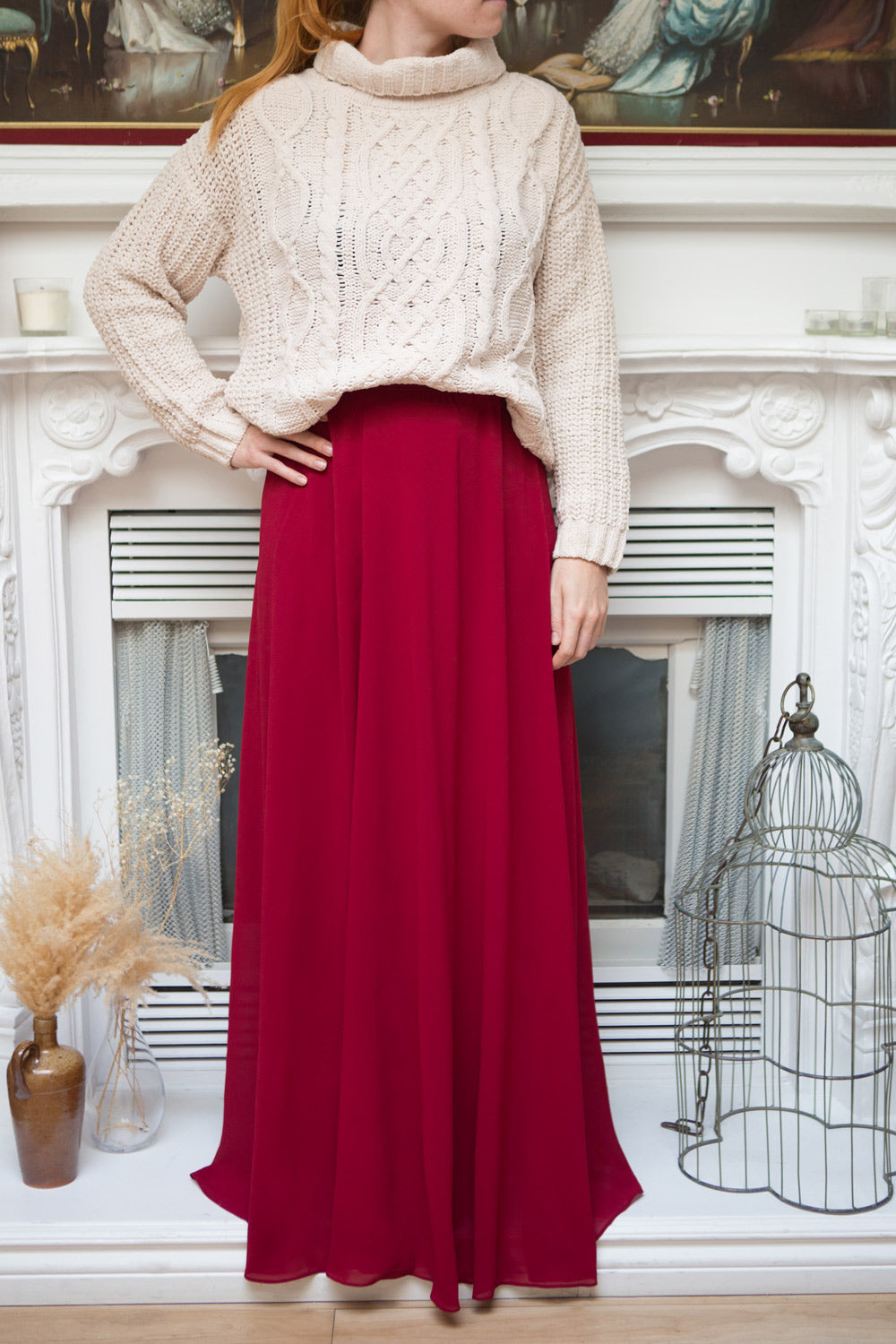 Glykeria Wine Burgundy Chiffon Maxi Skirt | Boutique 1861 model