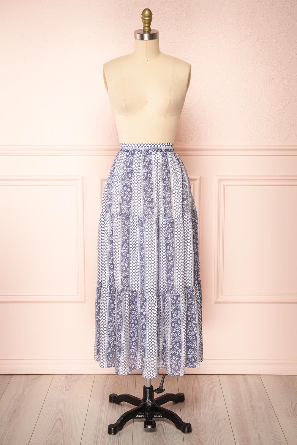 Irmette Blue Patterned Tiered Midi Skirt | Boutique 1861 front view