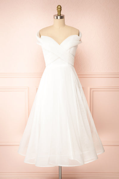 Isabeau Off-Shoulder Bridal Midi Dress | Boudoir 1861 front view