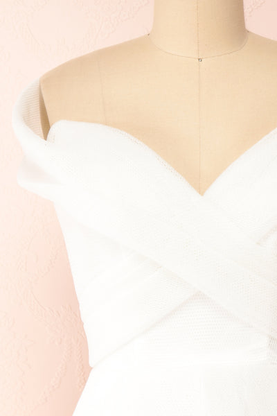 Isabeau Off-Shoulder Bridal Midi Dress | Boudoir 1861 front close-up
