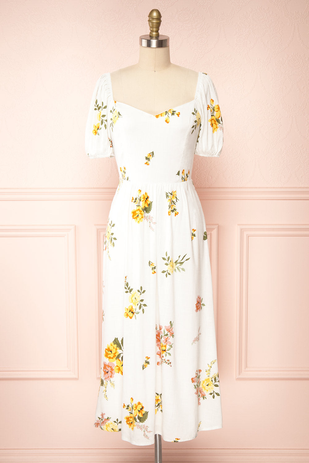 Iseul Floral Midi Dress w/ Puffy Sleeves | Boutique 1861 front view