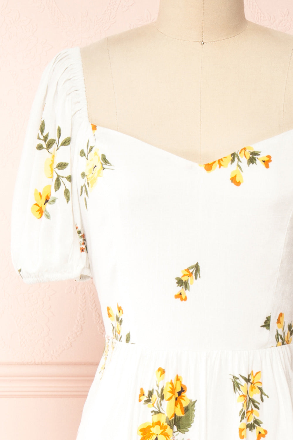 Iseul Floral Midi Dress w/ Puffy Sleeves | Boutique 1861 front close-up