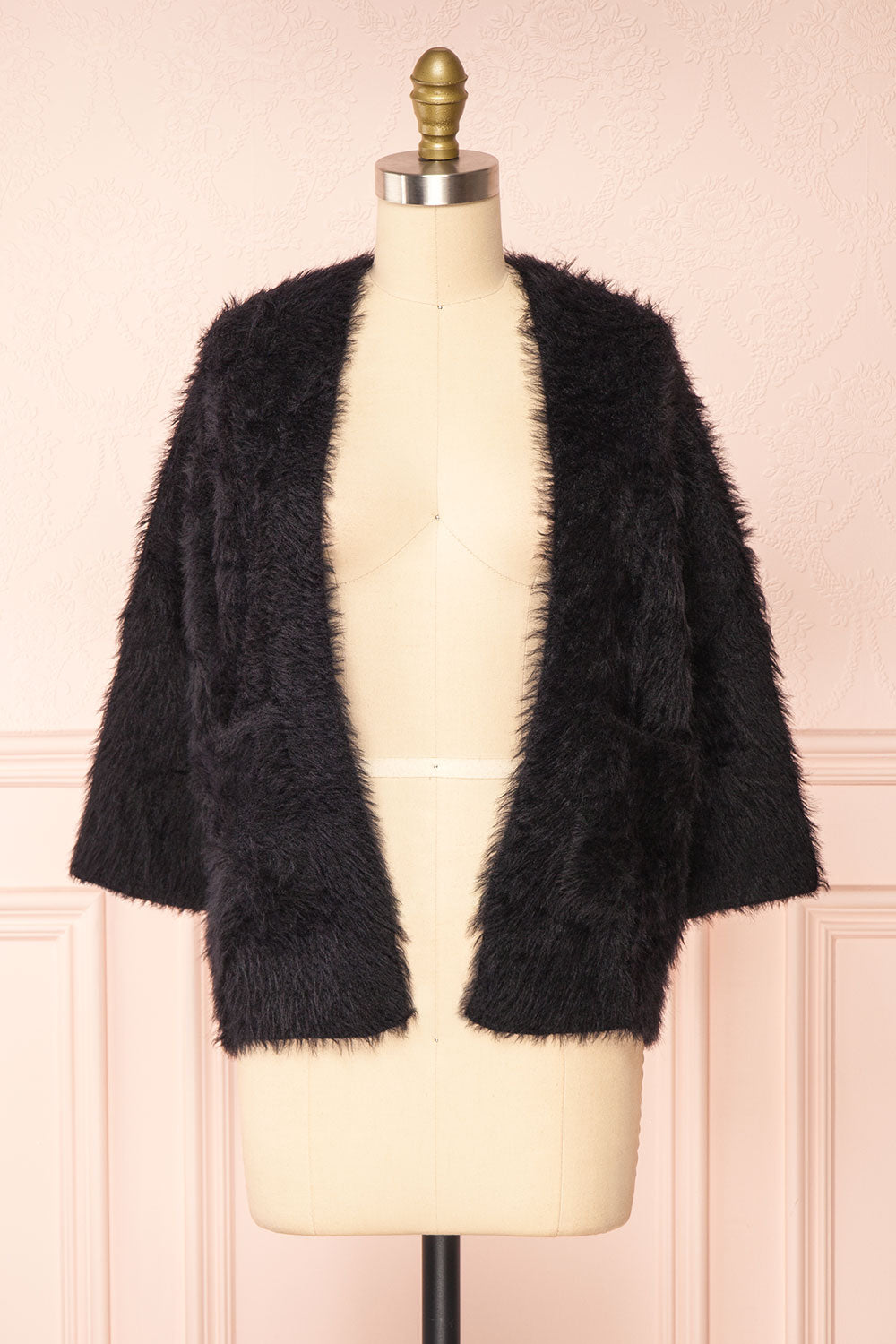 Itzel Black Fuzzy Open Cardigan w/ Pockets | Boutique 1861 front view