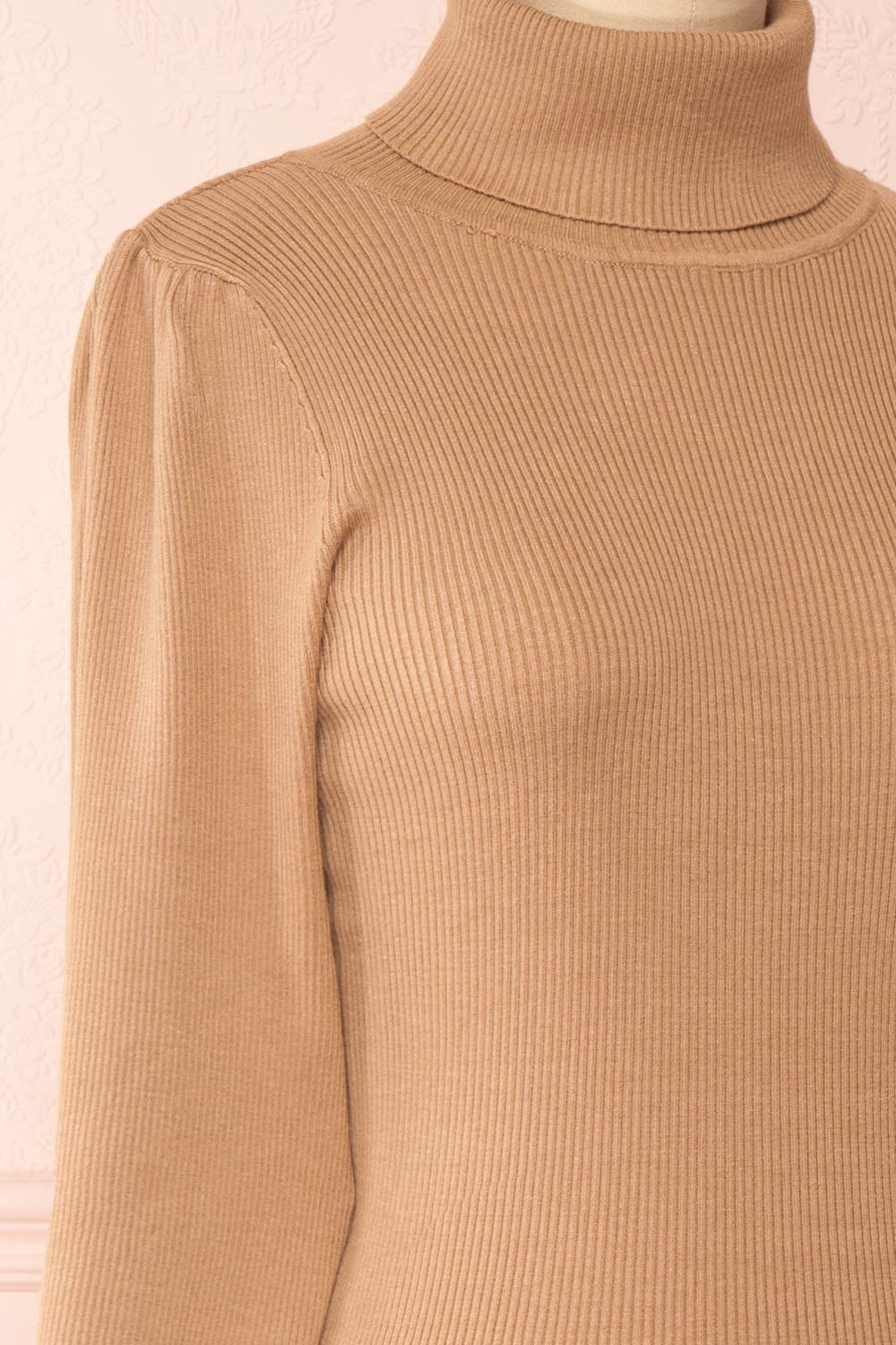 Janick Beige Ribbed Turtleneck Fitted Dress | Boutique 1861 side close-up