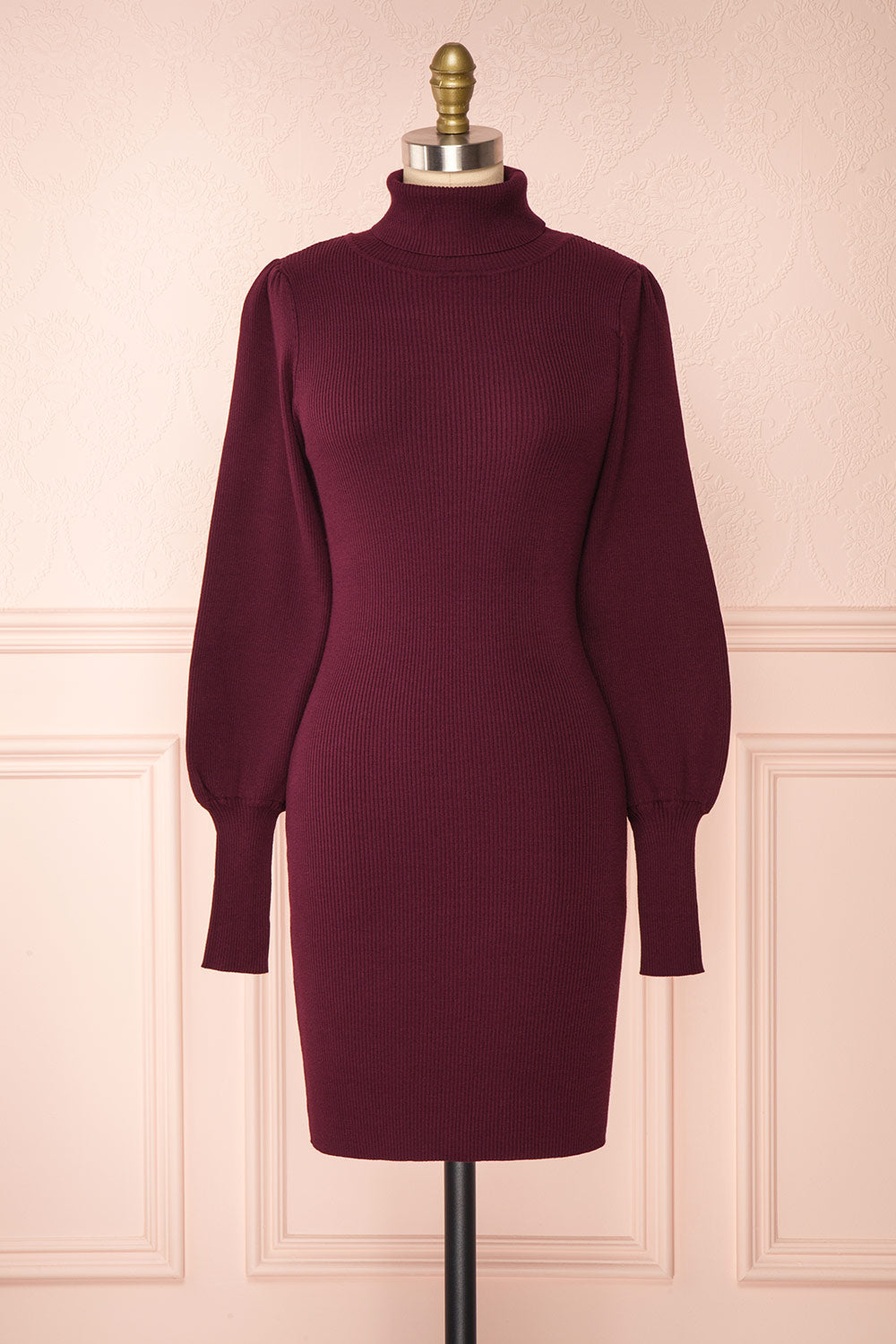 Janick Burgundy Ribbed Turtleneck Fitted Dress | Boutique 1861 front view