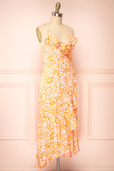 Janis Orange Floral Midi Wrap Dress | Boutique 1861  side view