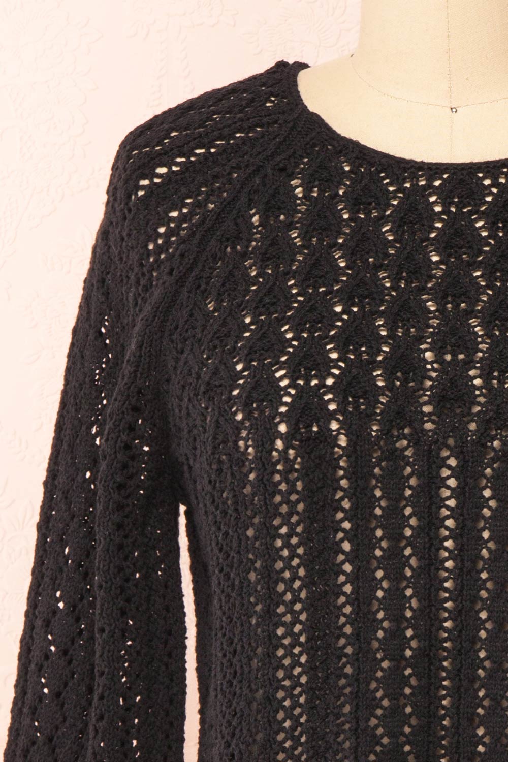 Jehann Black Long Sleeve Knitted Crop Top | La petite garçonne front close-up