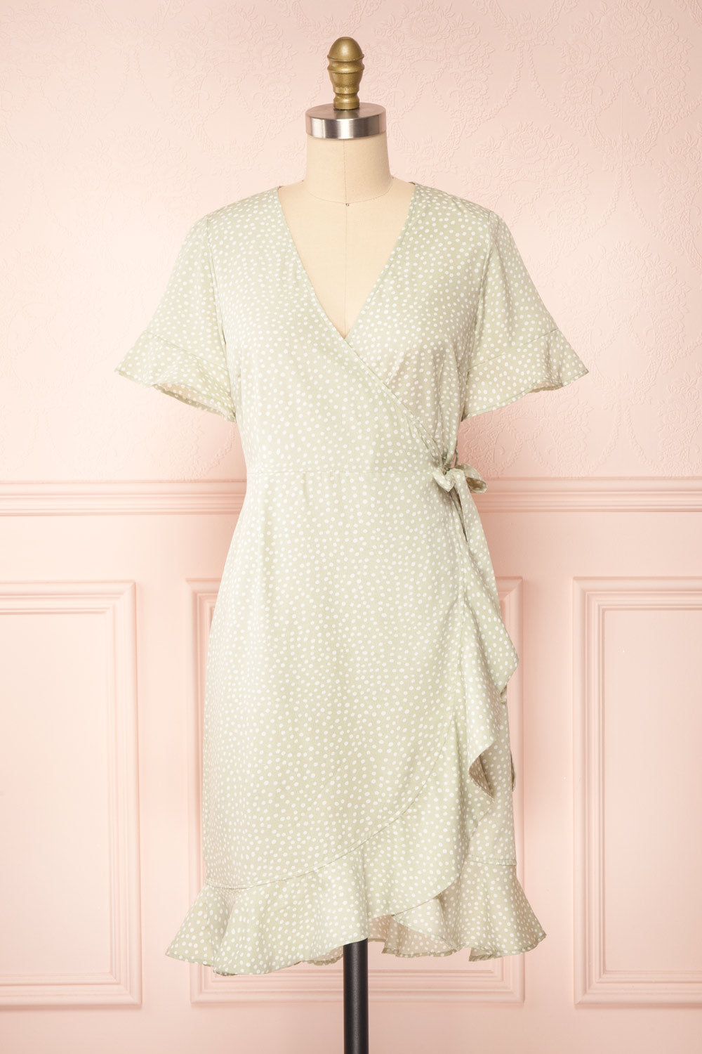 Jenny Sage Polka-Dot Wrap Dress w/ Ruffles