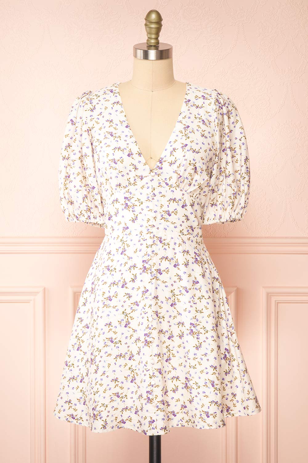 Jeyne Floral Short Dress w/ Puffy Sleeves