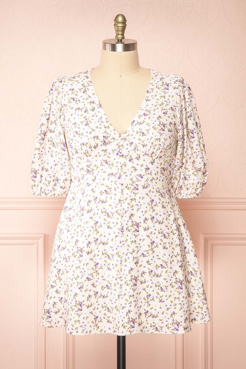 Jeyne Floral Short Dress w/ Puffy Sleeves | Boutique 1861 front plus size