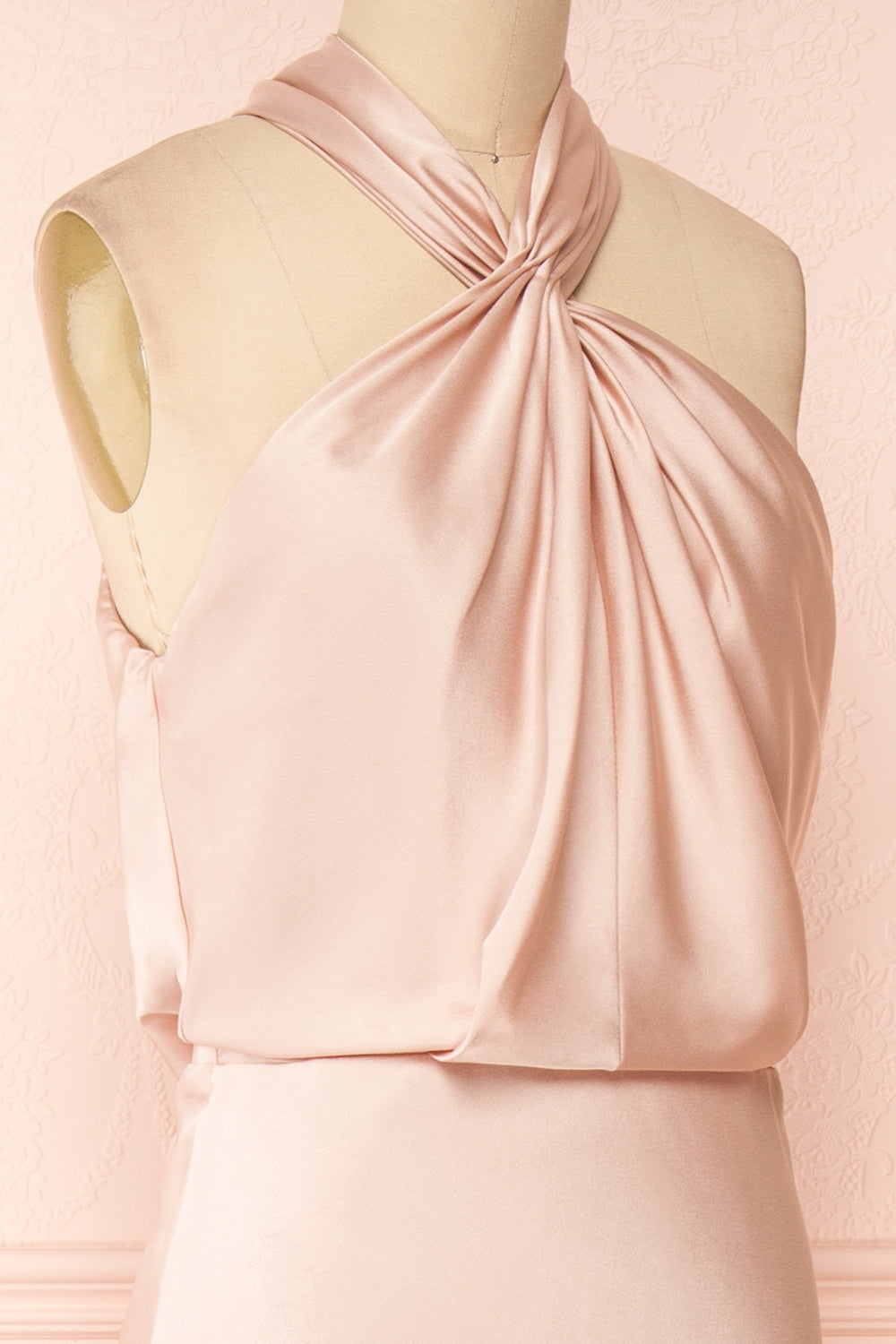 Jinny Champagne Satin Halter Maxi Dress w/ Slit | Boutique 1861 side close-up
