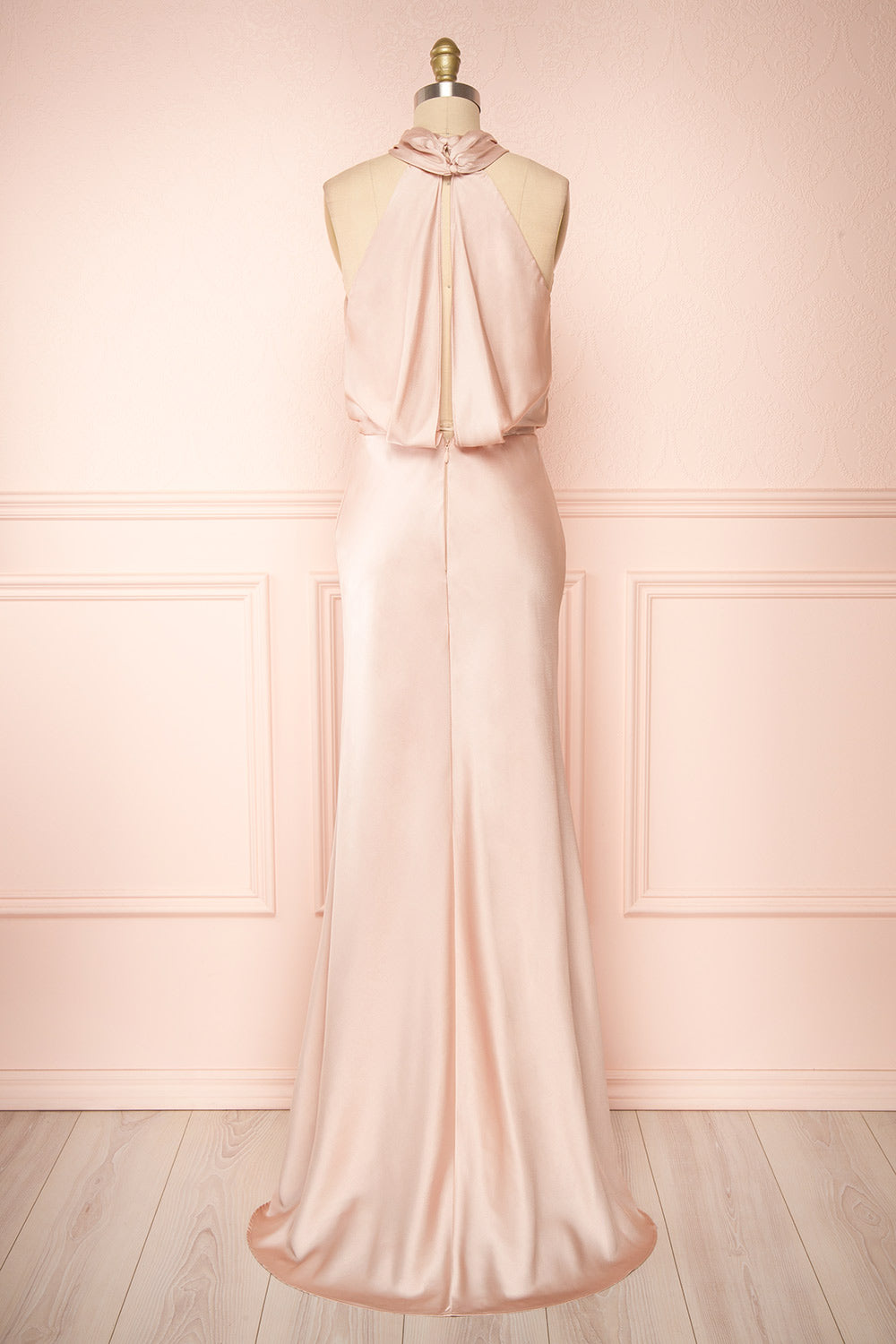 Jinny Champagne Satin Halter Maxi Dress w/ Slit | Boutique 1861 back view