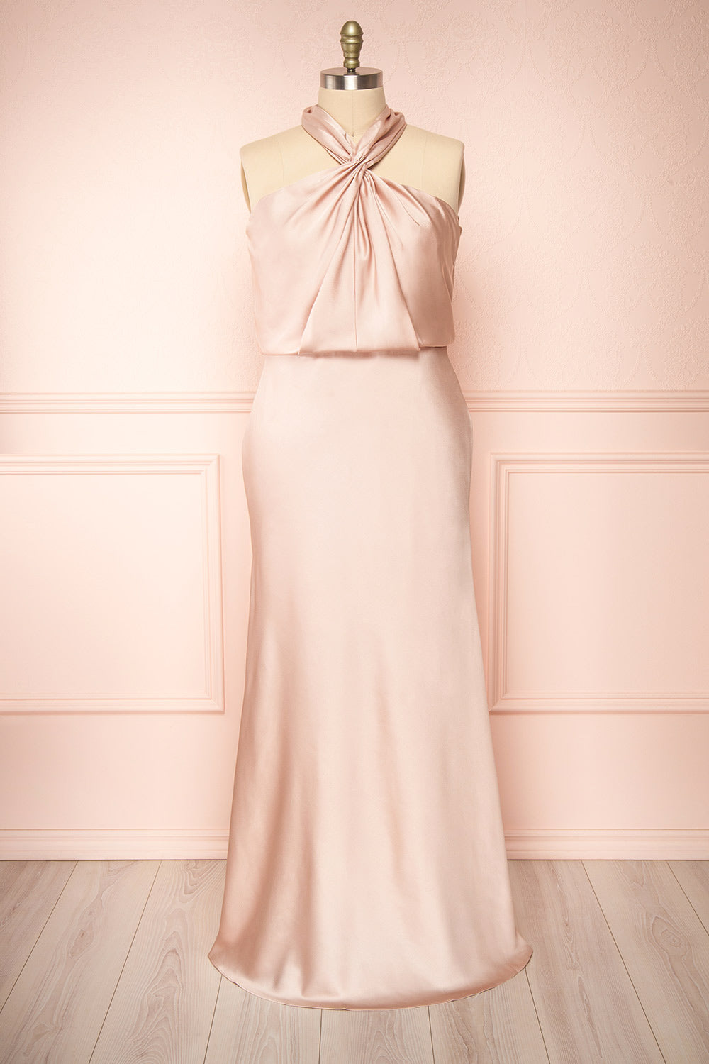 Jinny Champagne Satin Halter Maxi Dress w/ Slit | Boutique 1861 front plus size