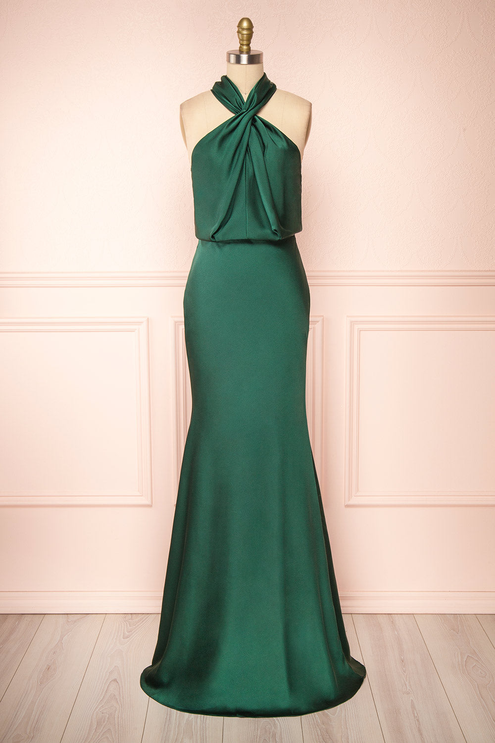 Jinny Emerald Satin Halter Maxi Dress w/ Slit | Boutique 1861 Jinny Emerald Satin Halter Maxi Dress w/ Slit | Boutique 1861