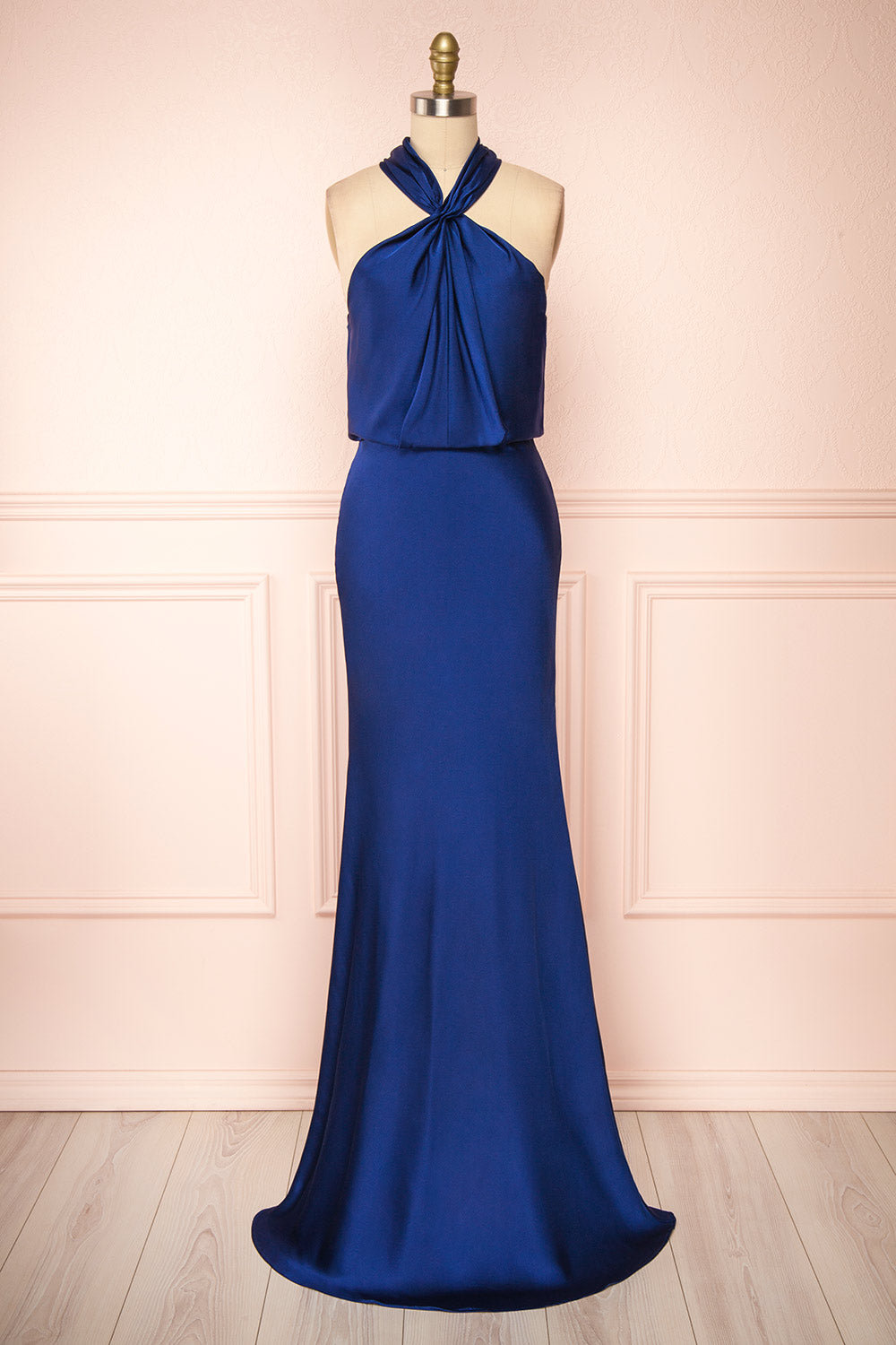 Jinny Navy Satin Halter Maxi Dress w/ Slit | Boutique 1861 front view
