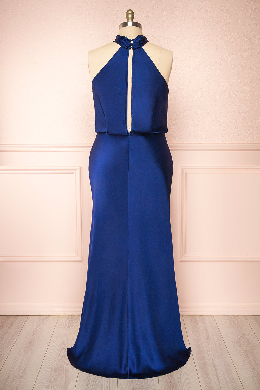 Jinny Navy Satin Halter Maxi Dress w/ Slit | Boutique 1861 back plus size