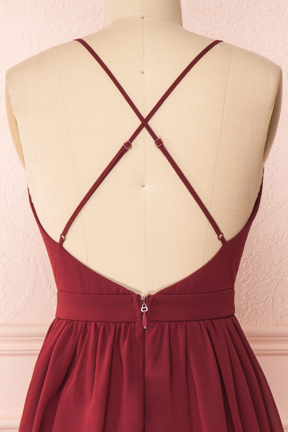 Joelle Burgundy Chiffon Cocktail Dress | Robe | Boutique 1861 back close-up