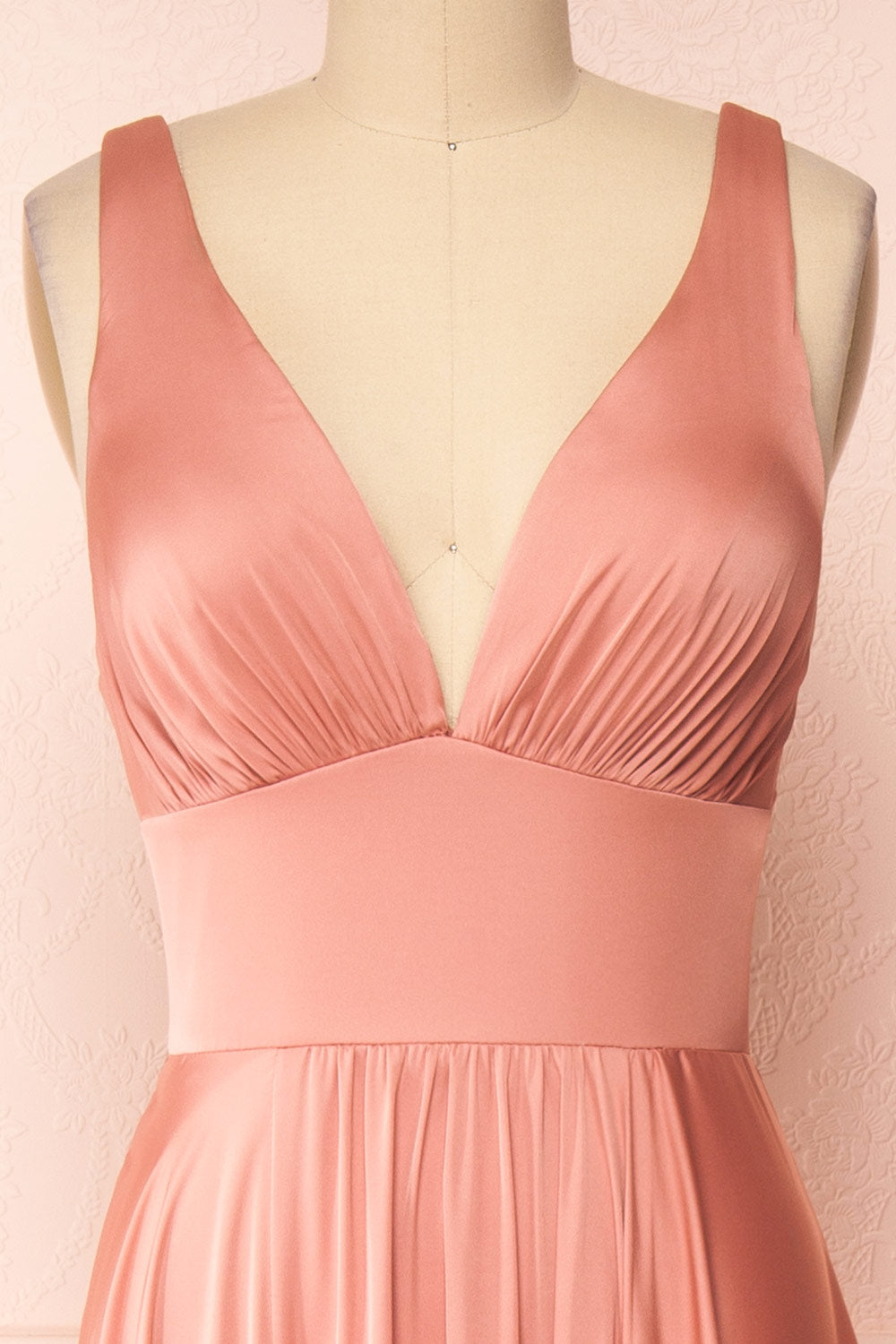 Johanie Pink Satin Maxi Dress | Boudoir 1861 front close-up