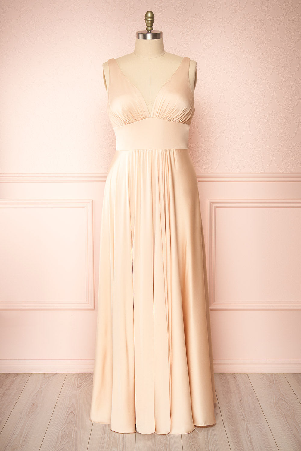 Johanie Champagne Satin Maxi Dress | Boudoir 1861 front plus