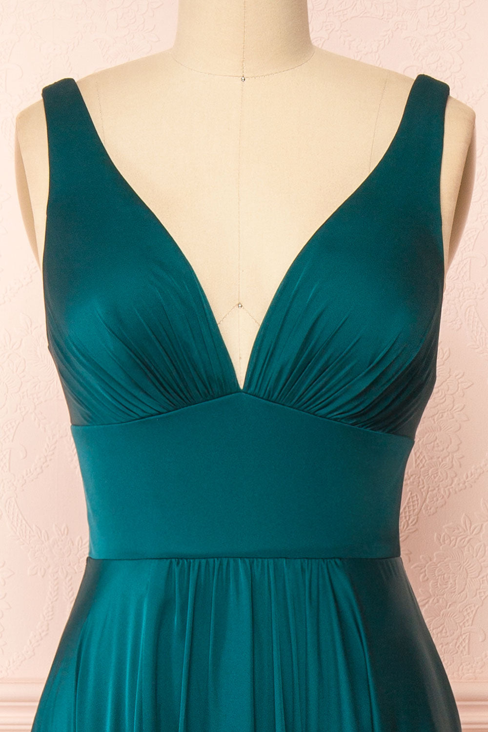 Johanie Emerald Satin Maxi Dress | Boudoir 1861 front close-up