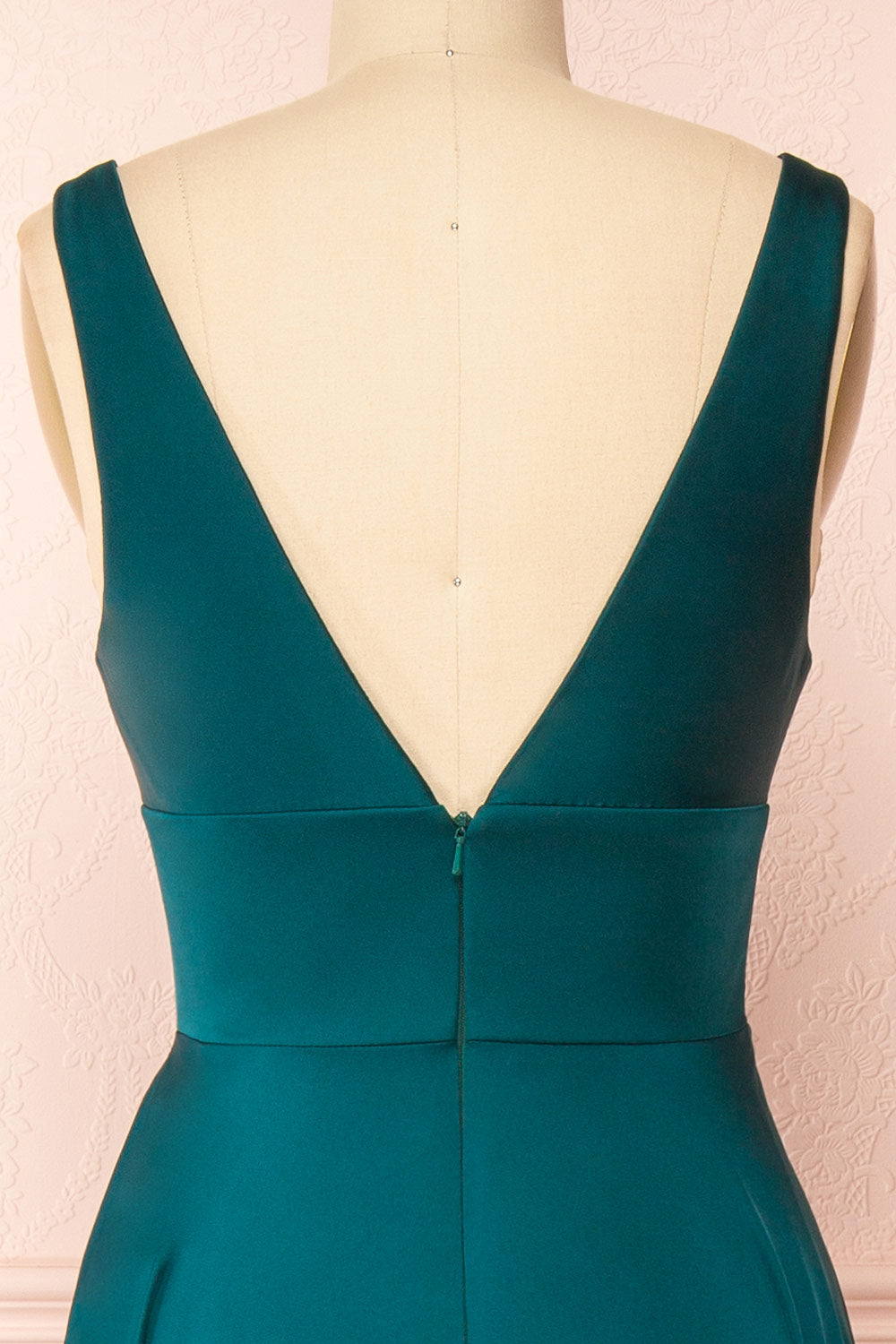 Johanie Emerald Satin Maxi Dress | Boudoir 1861 back close-up