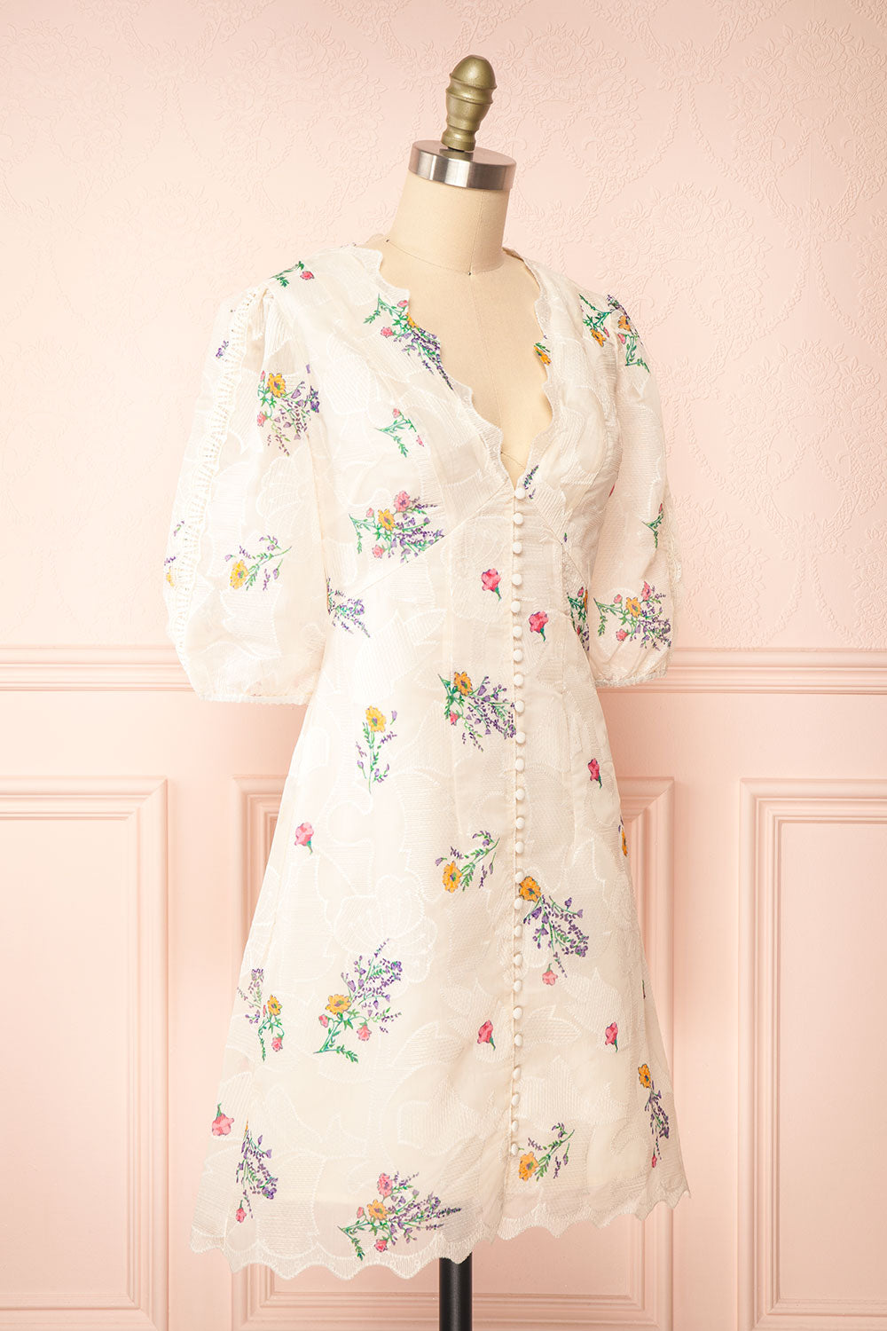 Jolyne Beige Floral Buttonned Midi Dress | Boutique 1861 side view