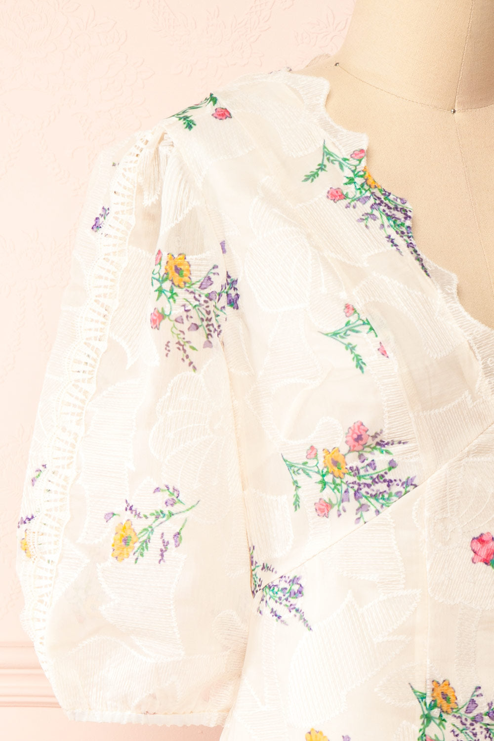 Jolyne Beige Floral Buttonned Midi Dress | Boutique 1861 side close-up