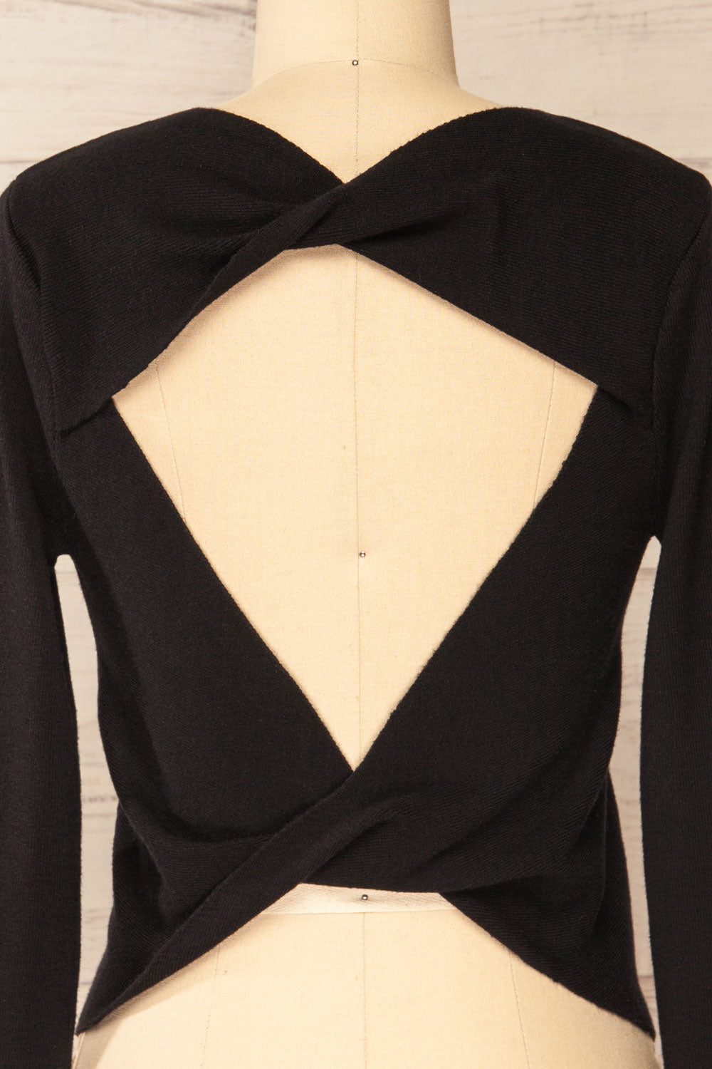 Jorden Black Long Sleeve Crossed Back Top | La Petite Garçonne back close-up