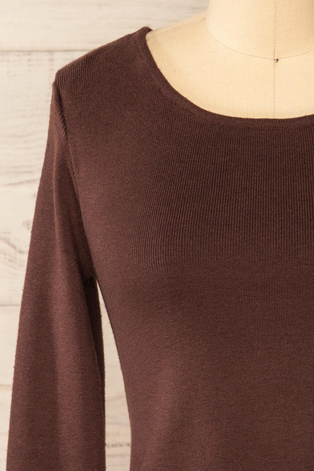 Jorden Brown Long Sleeve Crossed Back Top | La Petite Garçonne front close-up