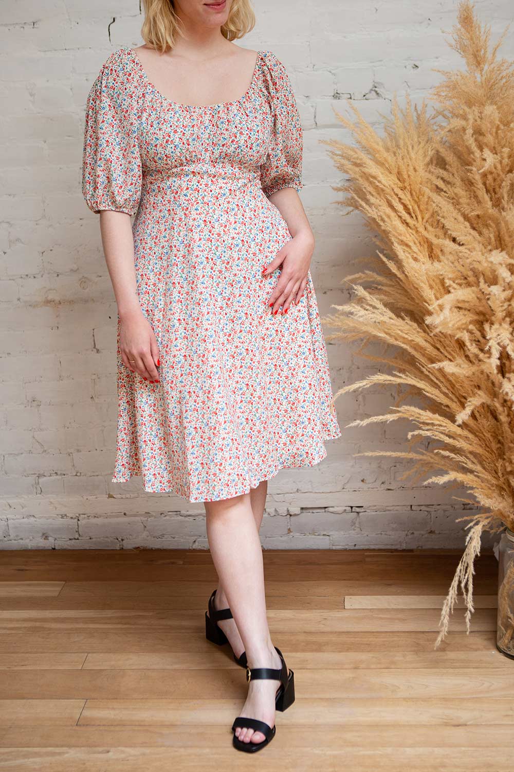 Josee Colorful Floral Puffy Sleeve Midi Dress | Boutique 1861 on model