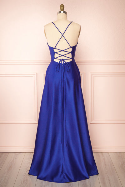 Julia Blue Satin Maxi Dress | Boutique 1861 back view