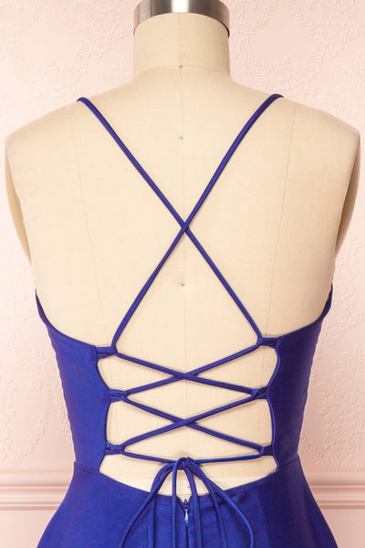 Julia Blue Satin Maxi Dress | Boutique 1861back close up