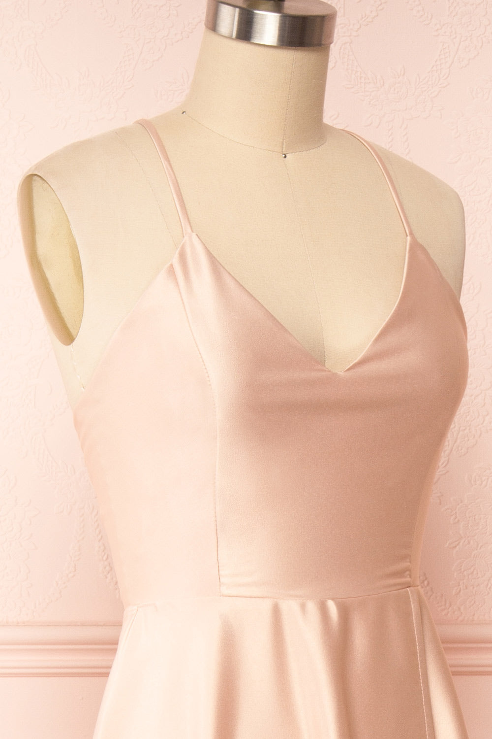 Julia Blush Satin Maxi Dress | Boutique 1861side close up