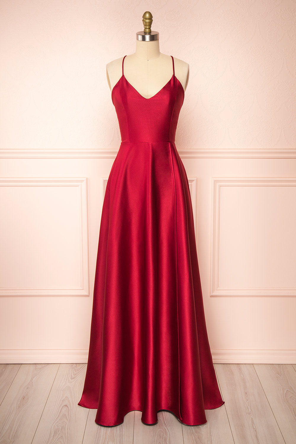 Julia Burgundy Satin Maxi Dress | Boutique 1861 front view