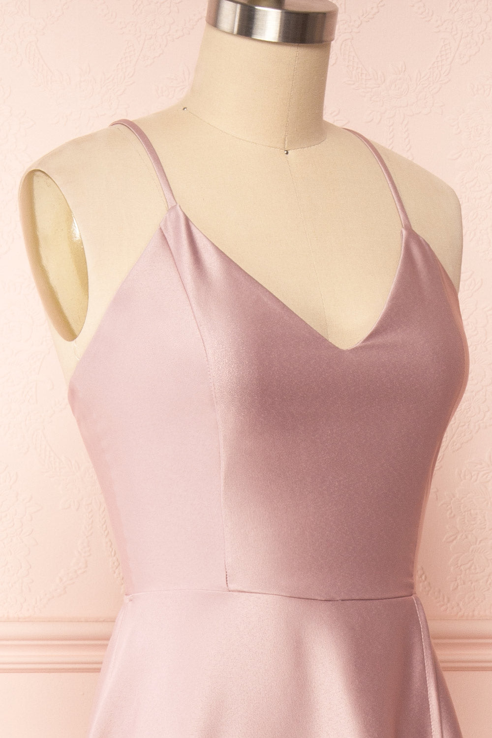 Julia Mauve Satin Maxi Dress | Boutique 1861 side close up