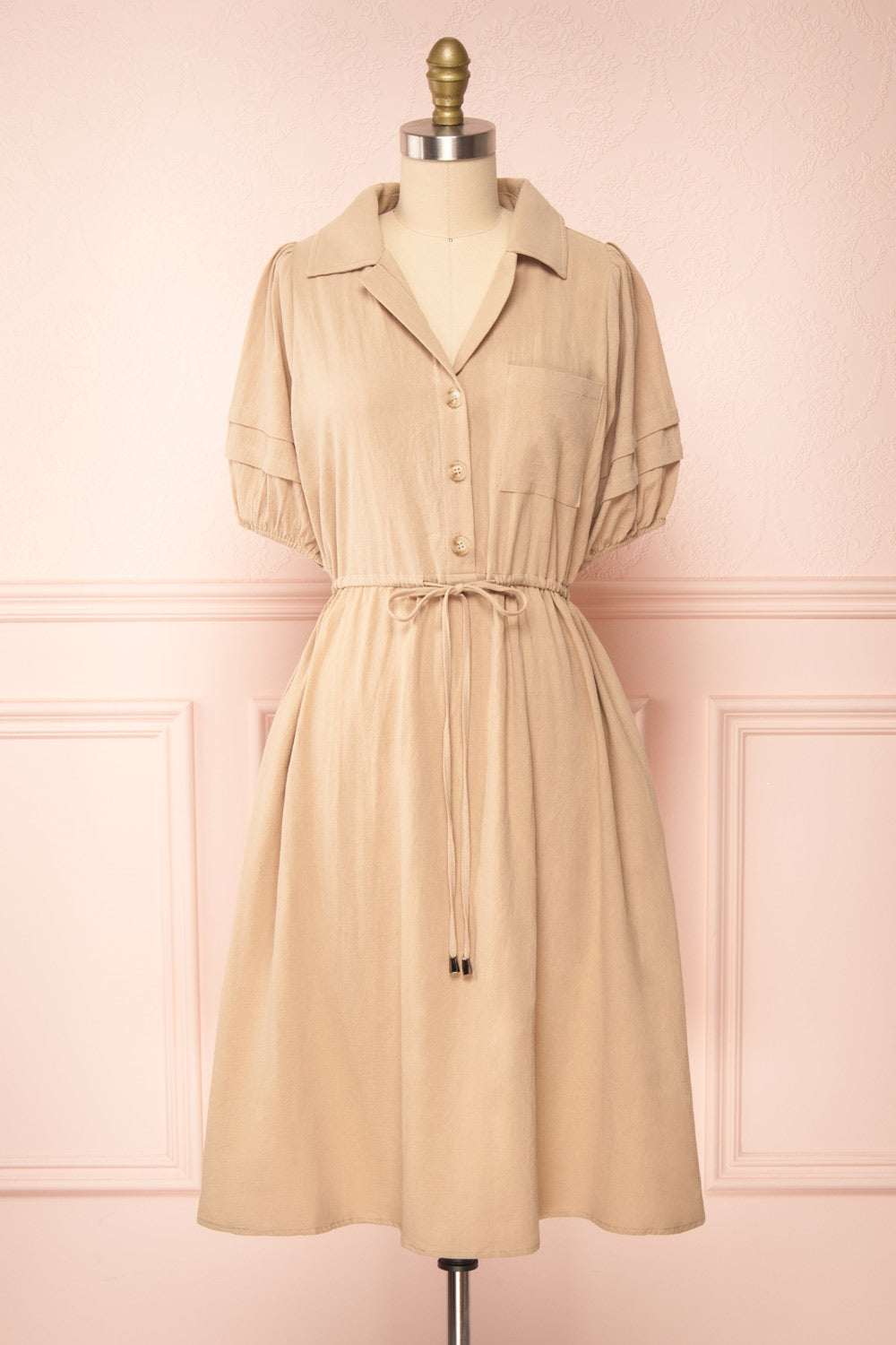 Julie Beige Faux-Linen Midi Dress w/ Drawstring | Boutique 1861 front view