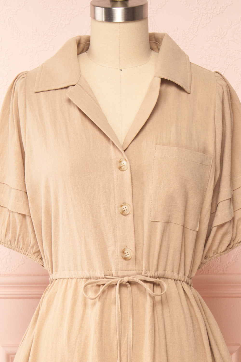 Julie Beige Faux-Linen Midi Dress w/ Drawstring | Boutique 1861 front close up