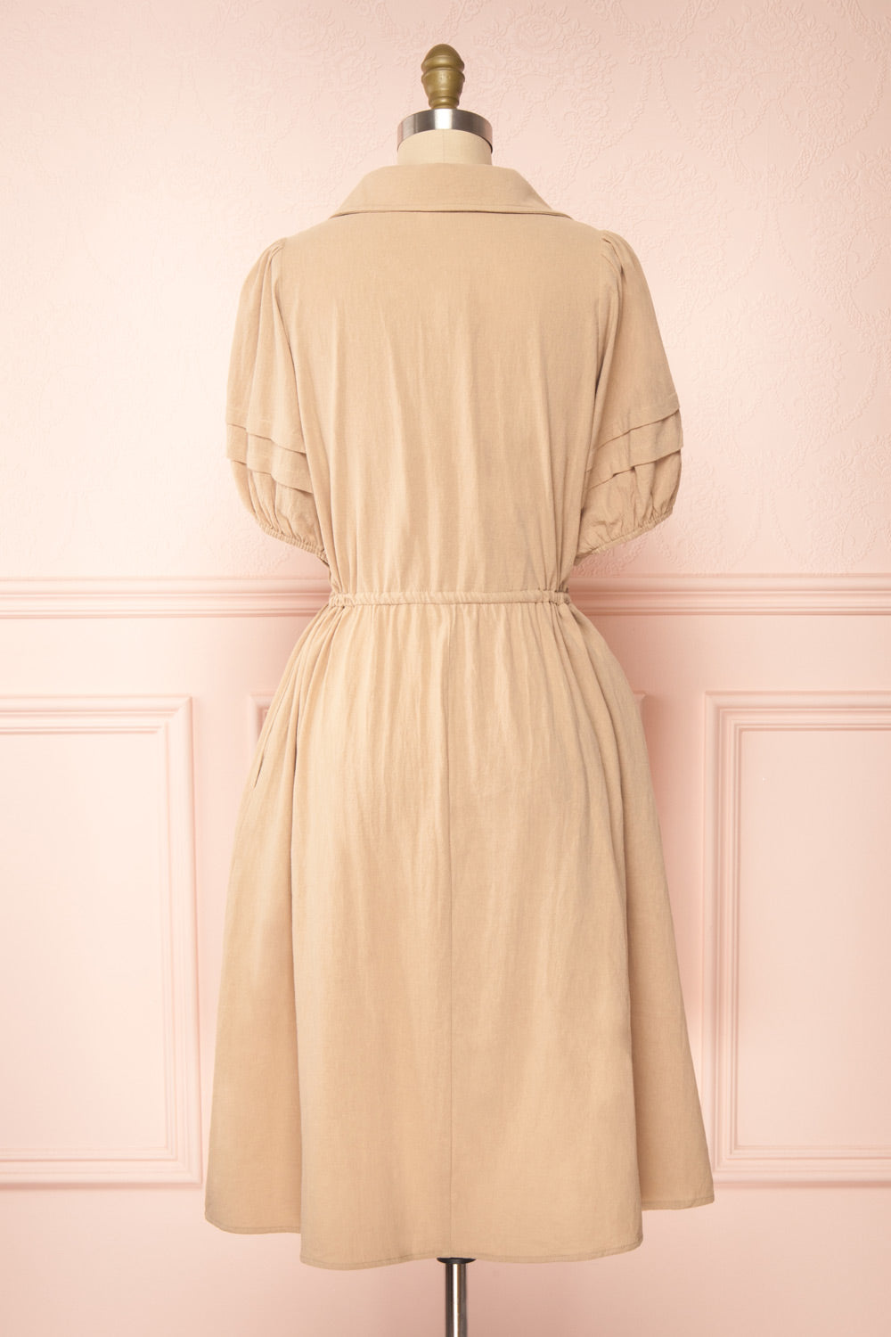 Julie Beige Faux-Linen Midi Dress w/ Drawstring | Boutique 1861 back view