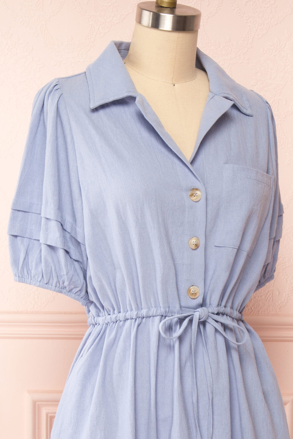 Julie Blue Faux-Linen Midi Dress w/ Drawstring | Boutique 1861 side close up
