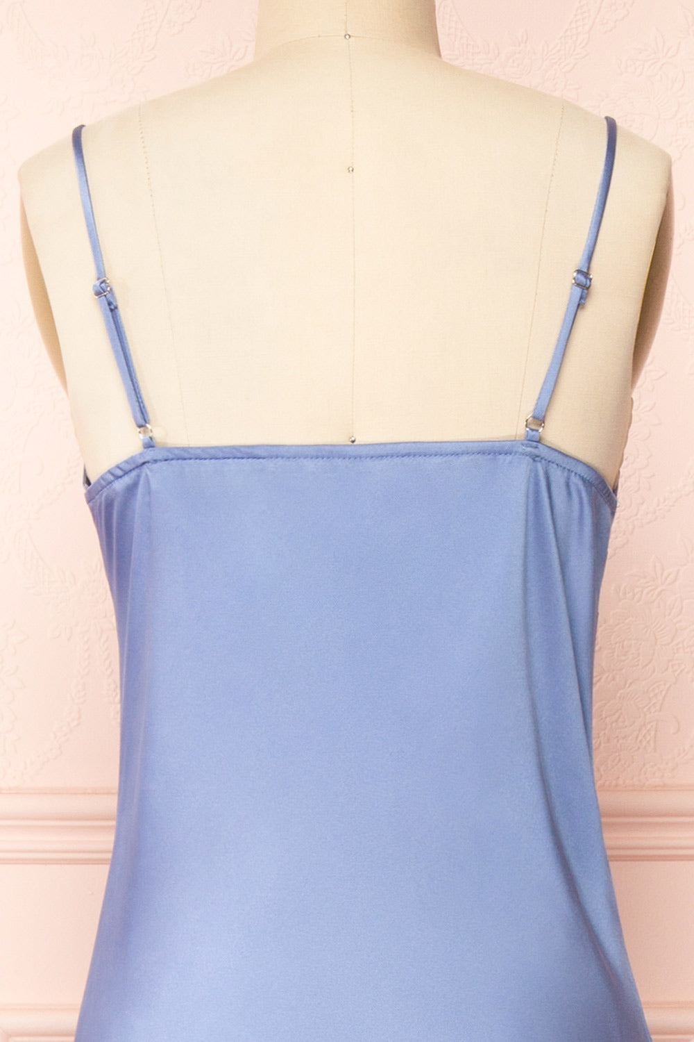 Juliene Blue Satin Midi Dress w/ Slit | La petite garçonne back close-up